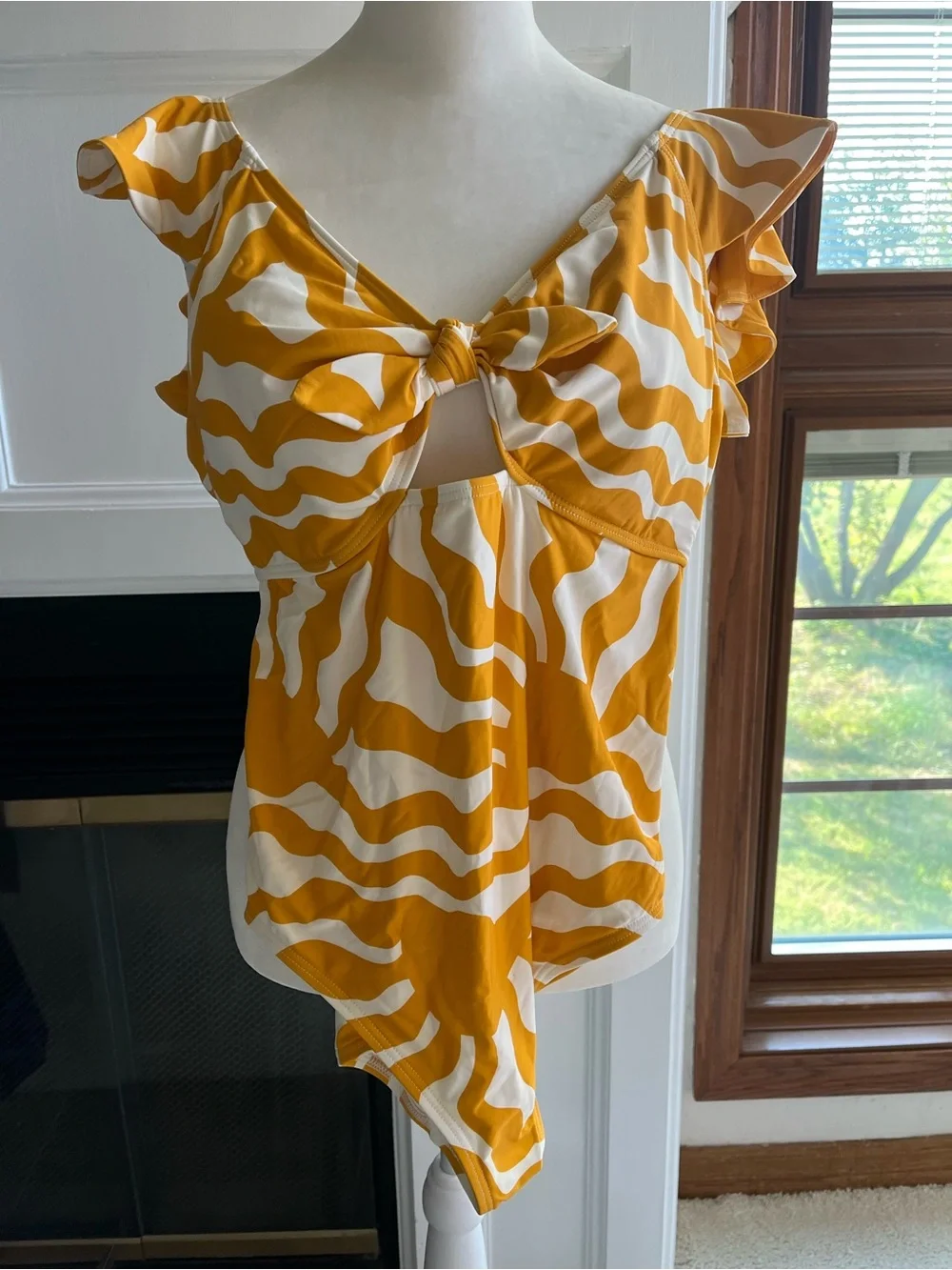 LOFT Yellow and Cream Wave-Print Tie-Front One Piece Swimsuit